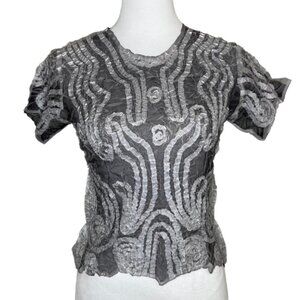Hugging Kisses Women's Mesh Crinkle Mesh Sheer Abract Print Shirt M